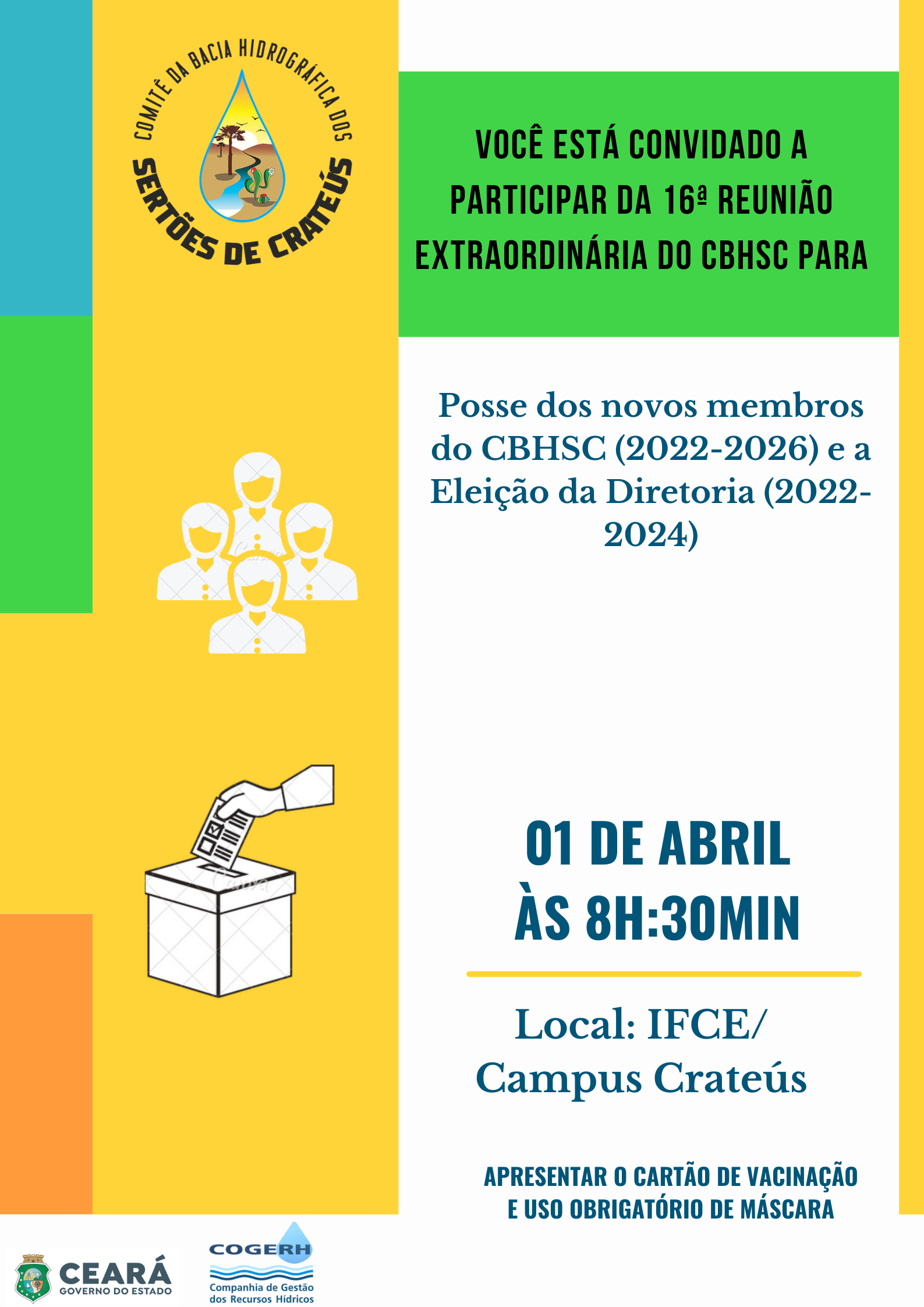 Convite 16ª Reunião Extraordinária do CBHSC para posse dos novos membros do CBHSC (2022-2026) e para a Eleição da Diretoria (2022- 2024)
